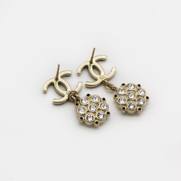 CHANEL Black and Gold Metal Crystal CC Drop Flower Earrings - Picture 3 of 4